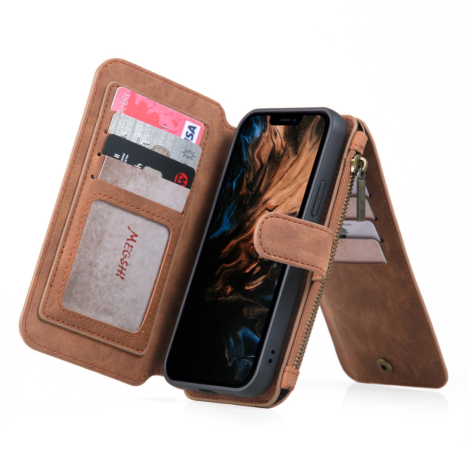 MEGSHI 007 Series TPU PC Phone Shell for iPhone 13 Pro Max 6.7 inch Case with Detachable PU Leather Wallet MEGSHI 007 Series TPU PC Phone Shell for iPhone 13 Pro Max 6.7 inch Case with Detachable PU Leather Wallet